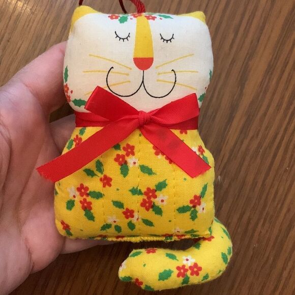 2 vintage Hallmark yellow calico cloth cats Christmas tree ornaments - Picture 5 of 7